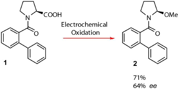 （[1，1'-聯(lián)苯] -2-羰基）-1-脯氨酸（1）的電化學(xué)氧化為脯氨酸衍生物（R）-[1,1'-聯(lián)苯] -2-基（2-甲氧基吡咯烷-1- yl）甲酮（2）