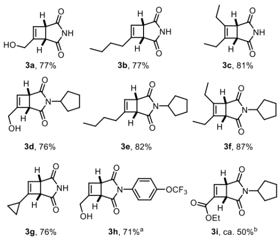 Figure 1 連續(xù)環(huán)丁烯合成的底物范圍；使用20mol%的噻噸酮； b 對二氧化硅不穩(wěn)定。